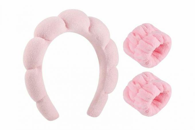 Amazon WSICSE Sponge Spa Headband για γυναίκες, κεφαλόδεσμος μακιγιάζ και λουράκι καρπού σετ ροζ κεφαλόδεσμος περιποίησης προσώπου για πλύσιμο προσώπου, περιποίηση δέρματος, κάλτσες για γυναίκες