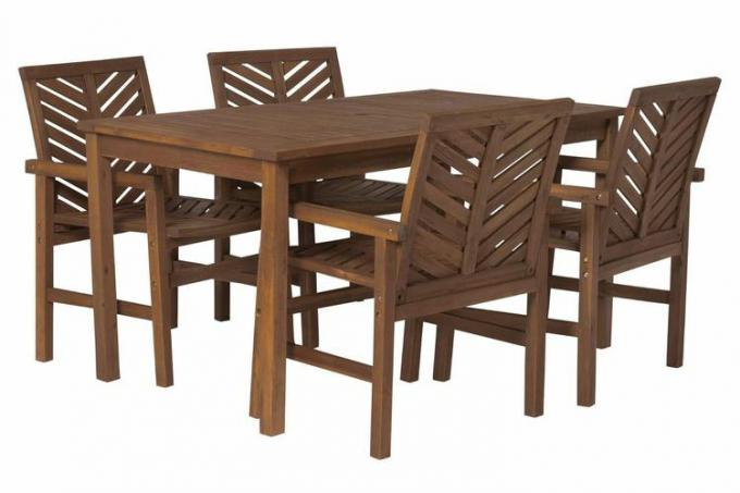 Amazon Walker Edison 4 Person Outdoor Wood Chevron Patio Σετ τραπεζαρίας Τραπεζαρίες καρέκλες παντός καιρού Συνομιλία στην πίσω αυλή Κήπος Μπαλκόνι δίπλα στην πισίνα, 5 τεμάχια, σκούρο καφέ