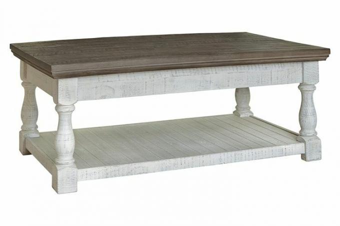 Amazon Signature Design από την Ashley Havalance Farmhouse Lift Top Coffee Table με σταθερό ράφι και 2 κρυφούς δίσκους αποθήκευσης, γκρι & λευκό με ξεπερασμένο φινίρισμα